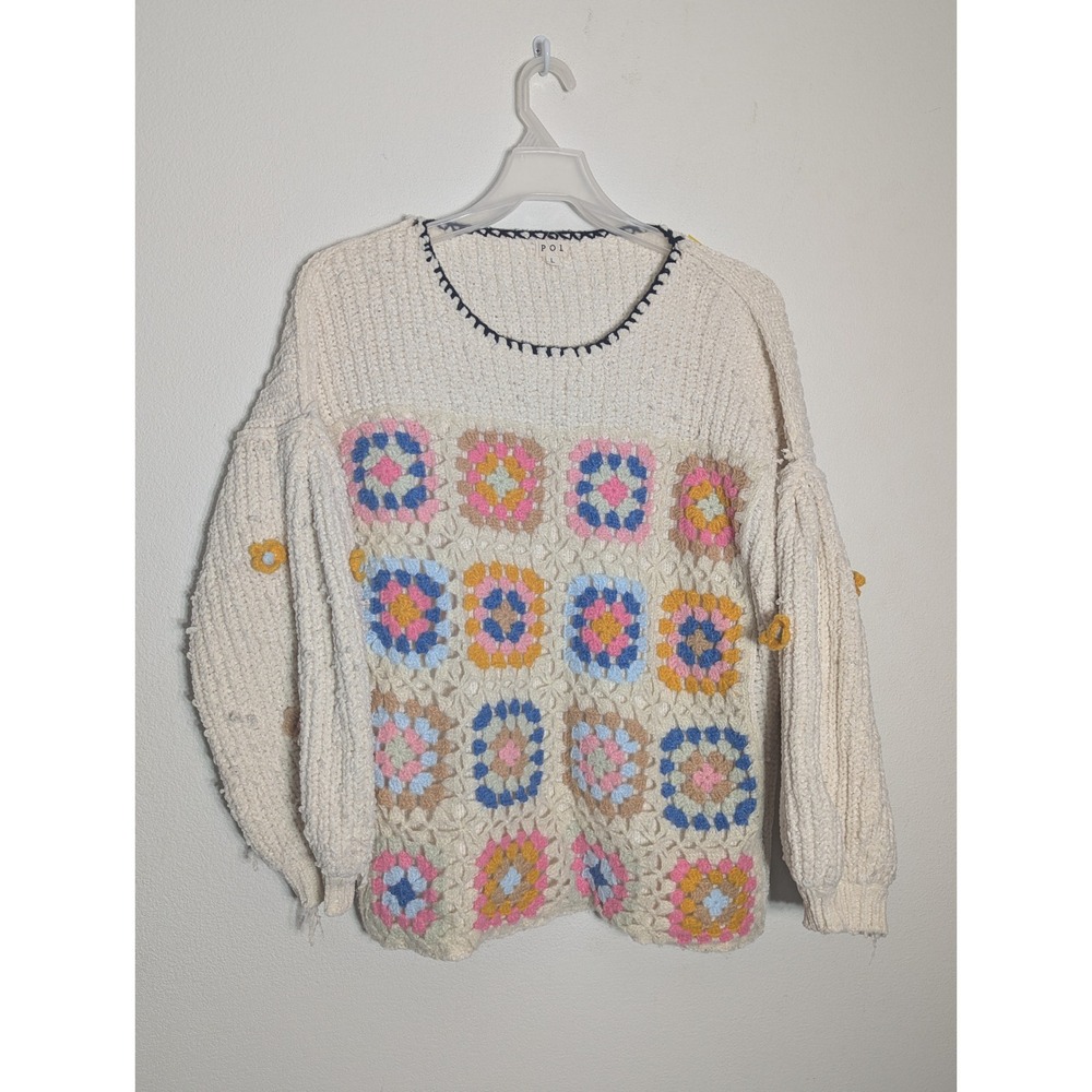 POL Granny Square Womens Sweater  Crochet Floral Dahlia Balloon Sleeve Large